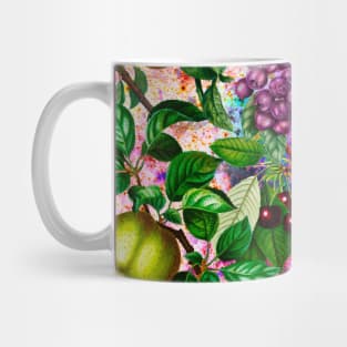 Vibrant tropical floral leaves and fruits floral illustration, botanical pattern, Pink fruit pattern over a Mug